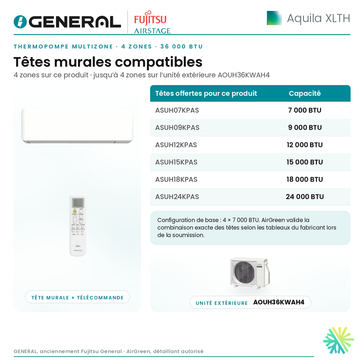 Thermopompe multizone GENERAL AIRSTAGE Aquila XLTH 4 zones 36 000 BTU – têtes murales compatibles | Montréal, Laval, Longueuil, Rive-Sud, Rive-Nord