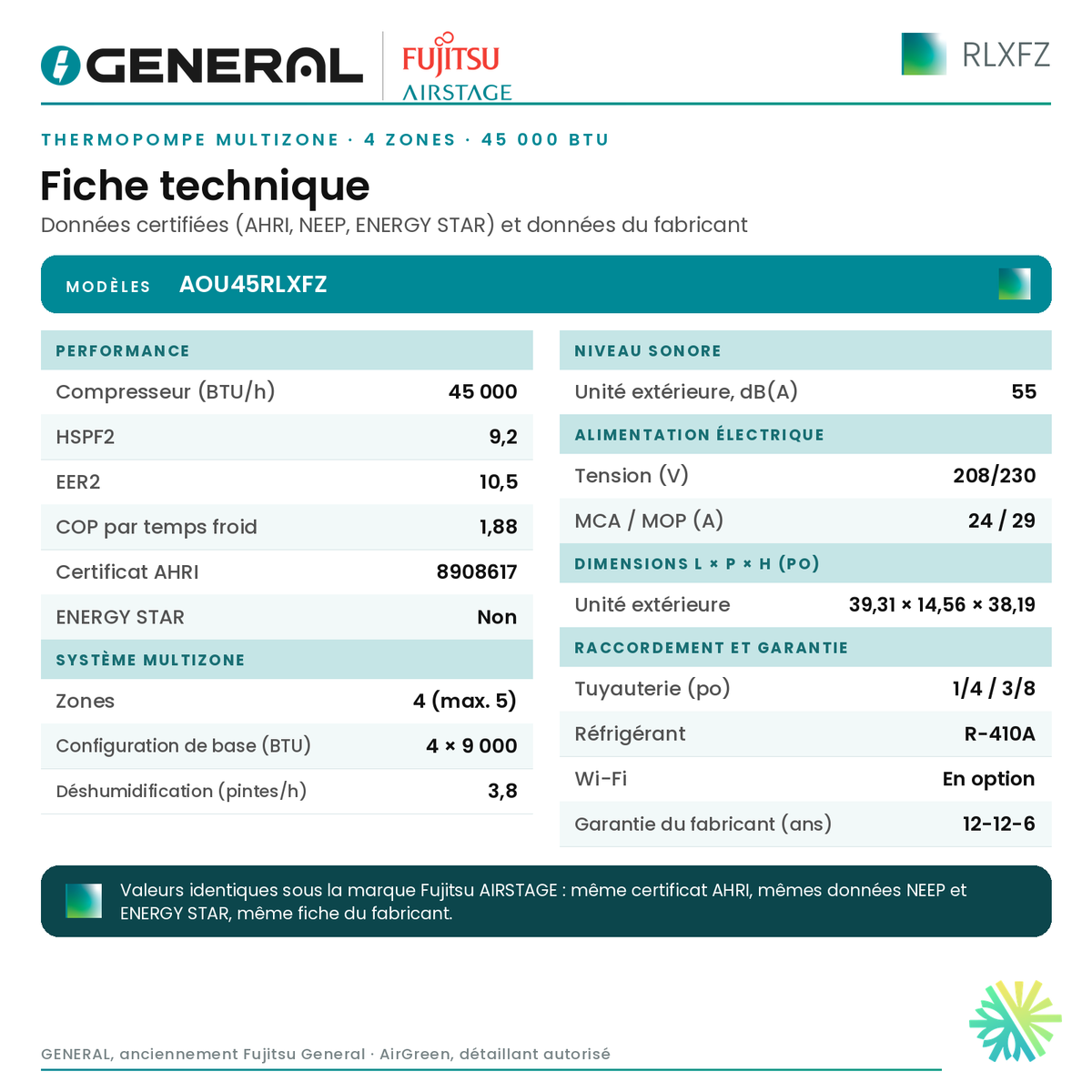 Thermopompe multizone GENERAL AIRSTAGE RLXFZ 4 zones 45 000 BTU – fiche technique | Montréal, Laval, Longueuil, Rive-Sud, Rive-Nord