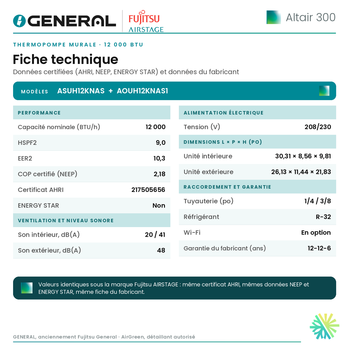 Thermopompe murale GENERAL AIRSTAGE ALTAIR 300 12 000 BTU – fiche technique | Montréal, Laval, Longueuil, Rive-Sud, Rive-Nord