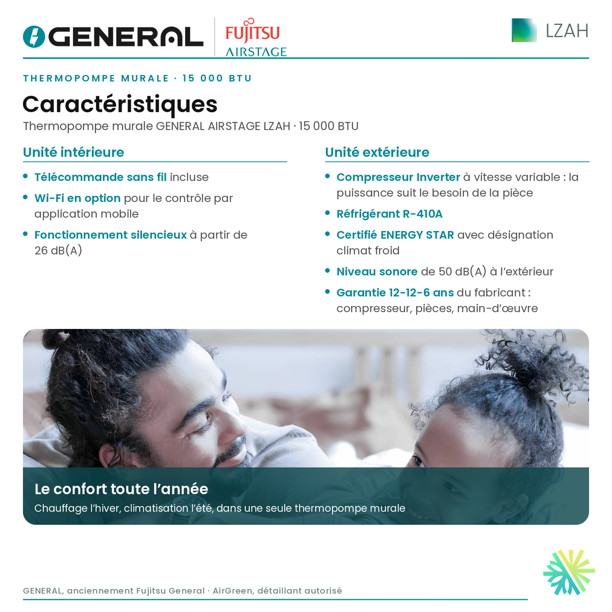 Thermopompe murale GENERAL AIRSTAGE LZAH 15 000 BTU – caractéristiques | Montréal, Laval, Longueuil, Rive-Sud, Rive-Nord