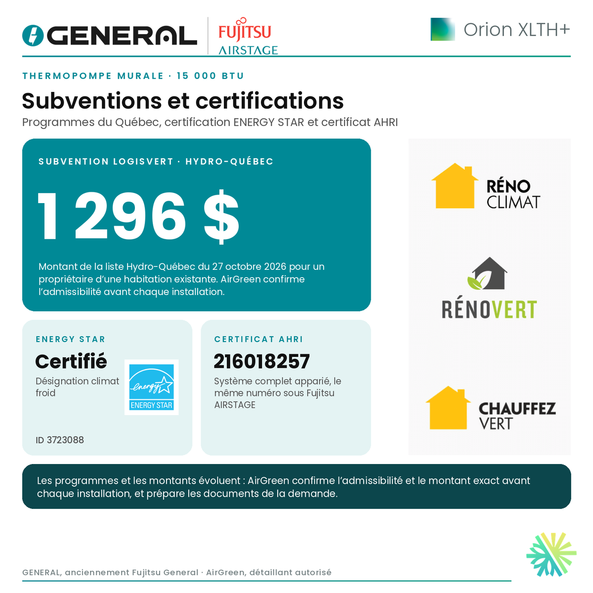 Thermopompe murale GENERAL AIRSTAGE ORION XLTH+ 15 000 BTU – subventions et certifications | Montréal, Laval, Longueuil, Rive-Sud, Rive-Nord