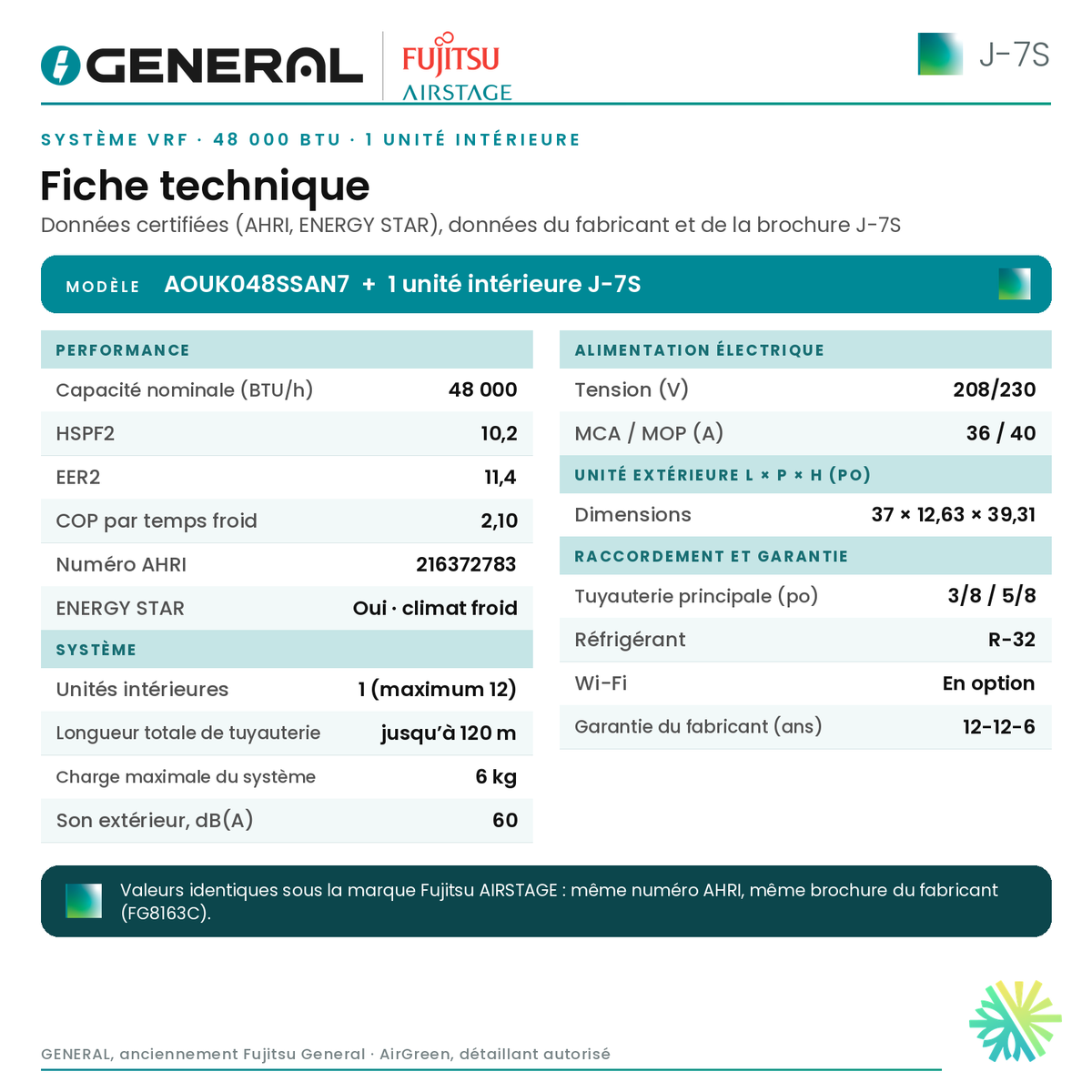 Système VRF GENERAL AIRSTAGE J-7S 48 000 BTU, 1 unité intérieure – fiche technique | Montréal, Laval, Longueuil, Rive-Sud, Rive-Nord