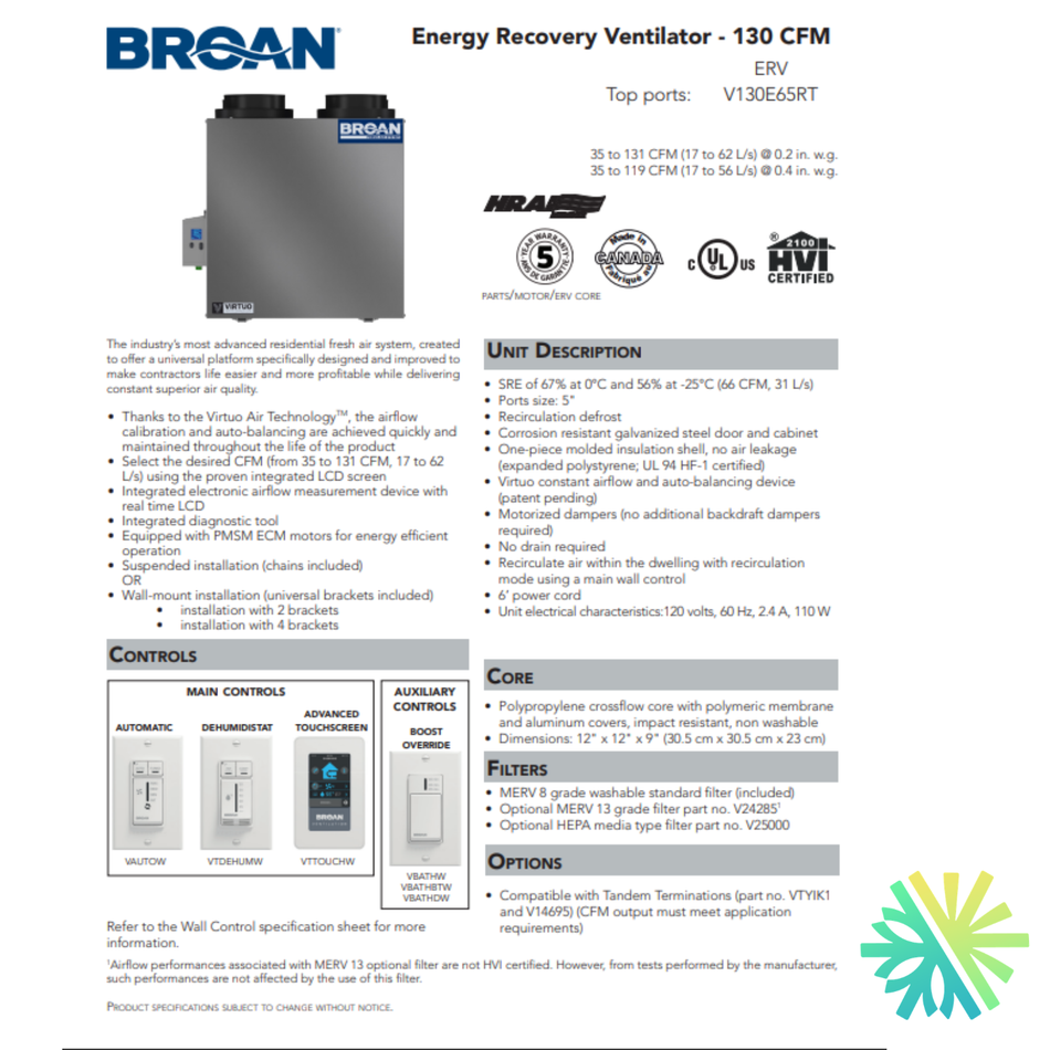 Échangeur d'Air Broan-NuTone ERV V130E65RT | Montréal, Laval, Longueuil, Rive Sud et Rive Nord