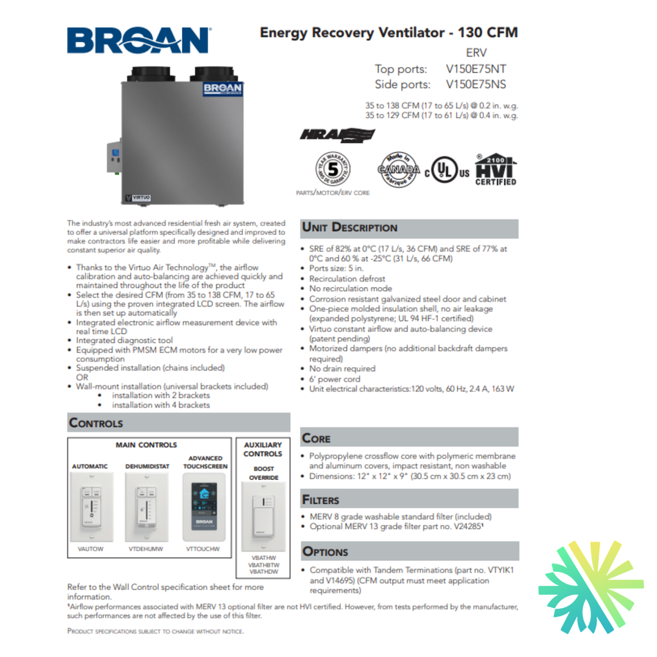 Échangeur d'Air Broan-NuTone ERV V150E75NT | Montréal, Laval, Longueuil, Rive Sud et Rive Nord