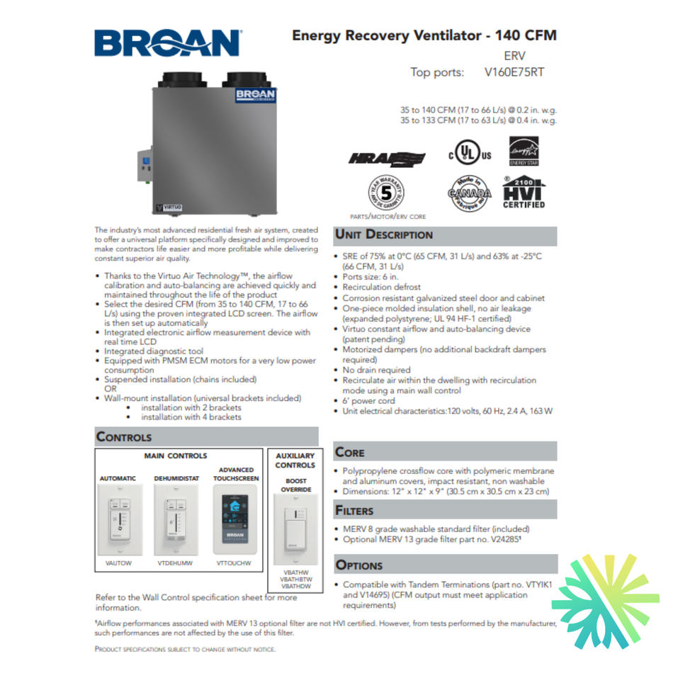 Échangeur d'Air Broan-NuTone ERV V160E75RT | Montréal, Laval, Longueuil, Rive Sud et Rive Nord