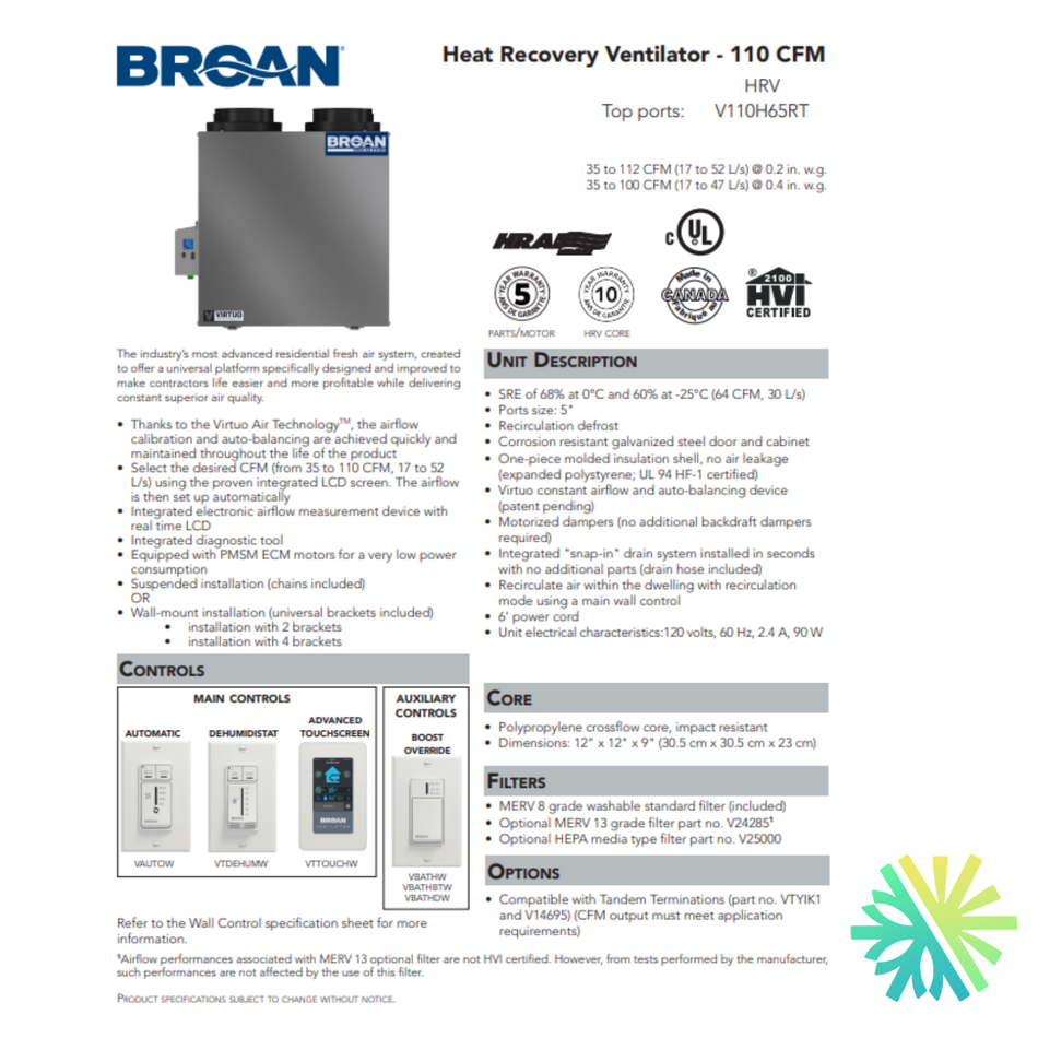 Échangeur d'Air Broan-NuTone HRV V110H65RT | Montréal, Laval, Longueuil, Rive Sud et Rive Nord