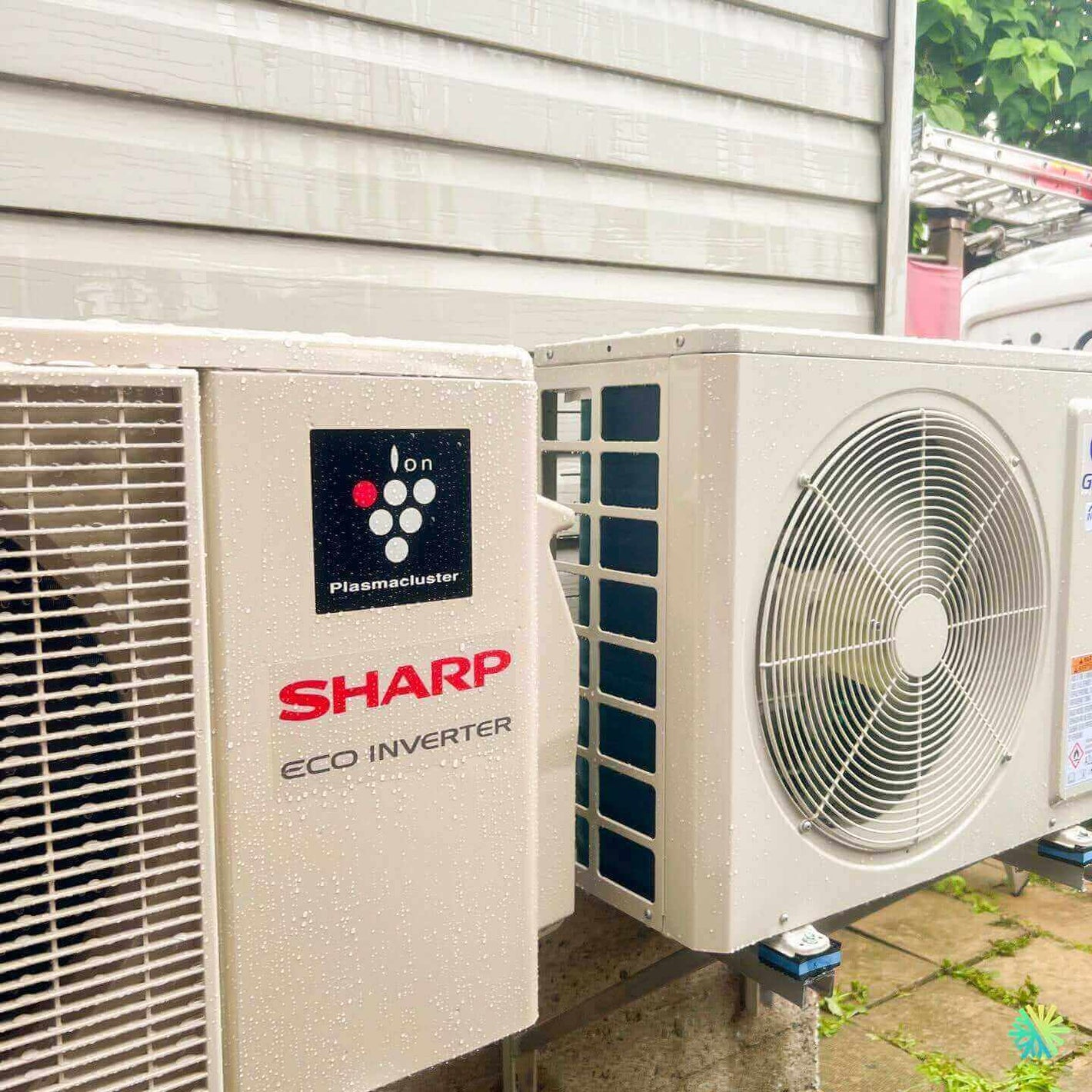 Outdoor Sharp Eco Inverter air conditioning unit installed on a residential property.