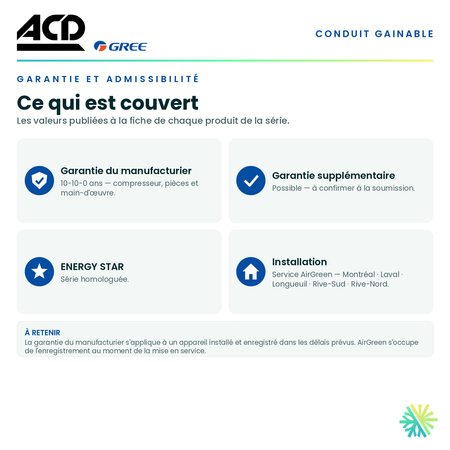 Garantie du manufacturier, garantie supplémentaire, homologation ENERGY STAR et admissibilité de la série · Climatiseur Gainable ACD 12 000 BTU · AirGreen, Montréal, Laval, Longueuil, Rive-Sud et Rive-Nord