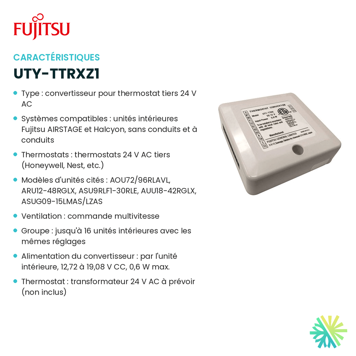 Fiche technique : Adaptateur de thermostat 24 V FUJITSU UTY-TTRXZ1 — AirGreen, Montréal, Laval, Longueuil, Rive-Sud et Rive-Nord