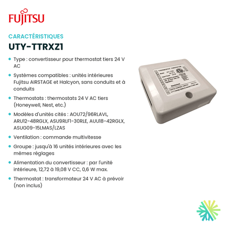 Fiche technique : Adaptateur de thermostat 24 V FUJITSU UTY-TTRXZ1 — AirGreen, Montréal, Laval, Longueuil, Rive-Sud et Rive-Nord