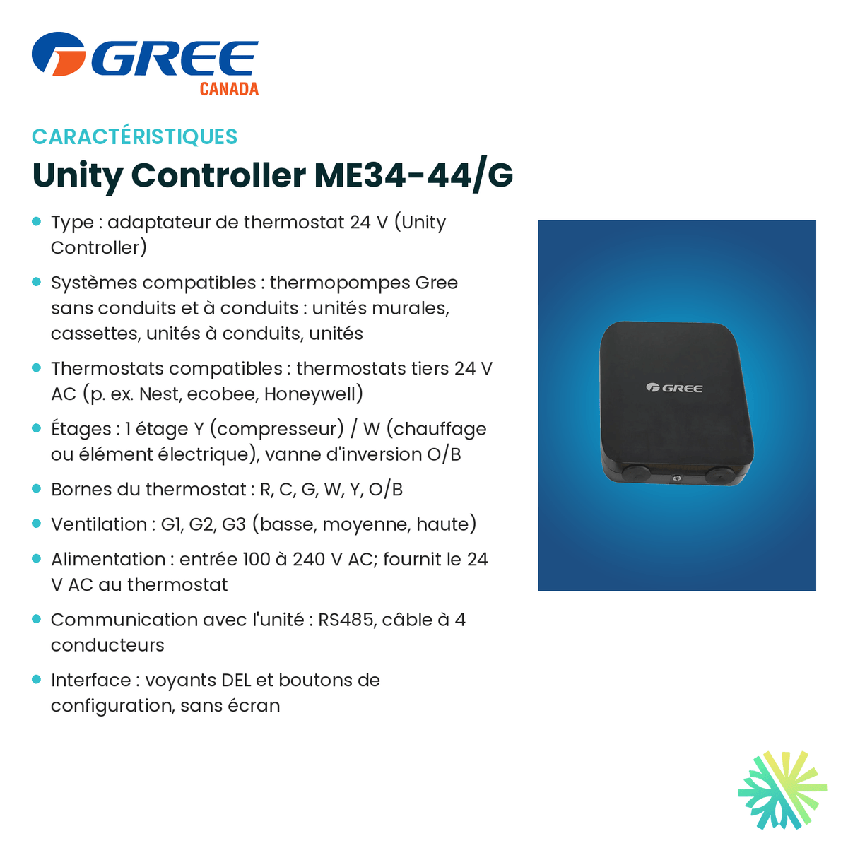 Fiche technique : Adaptateur de thermostat 24 V GREE Unity Controller ME34-44/G — AirGreen, Montréal, Laval, Longueuil, Rive-Sud et Rive-Nord