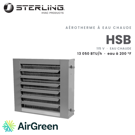 Aérotherme à eau chaude Sterling HSB01811, 13 050 BTU/h avec une eau à 200 °F