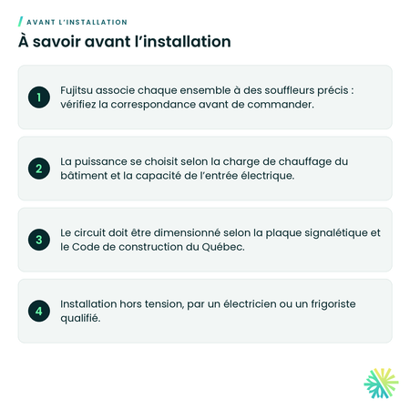 À savoir avant l’installation – Ensemble de chauffage électrique Fujitsu pour souffleur AMUH30-48