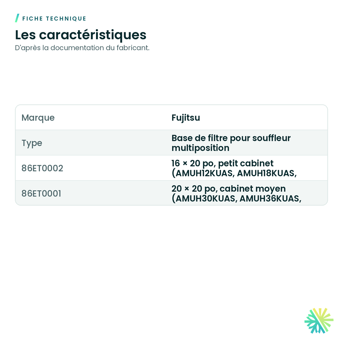 Fiche technique – Base de filtre Fujitsu pour souffleur AMUH