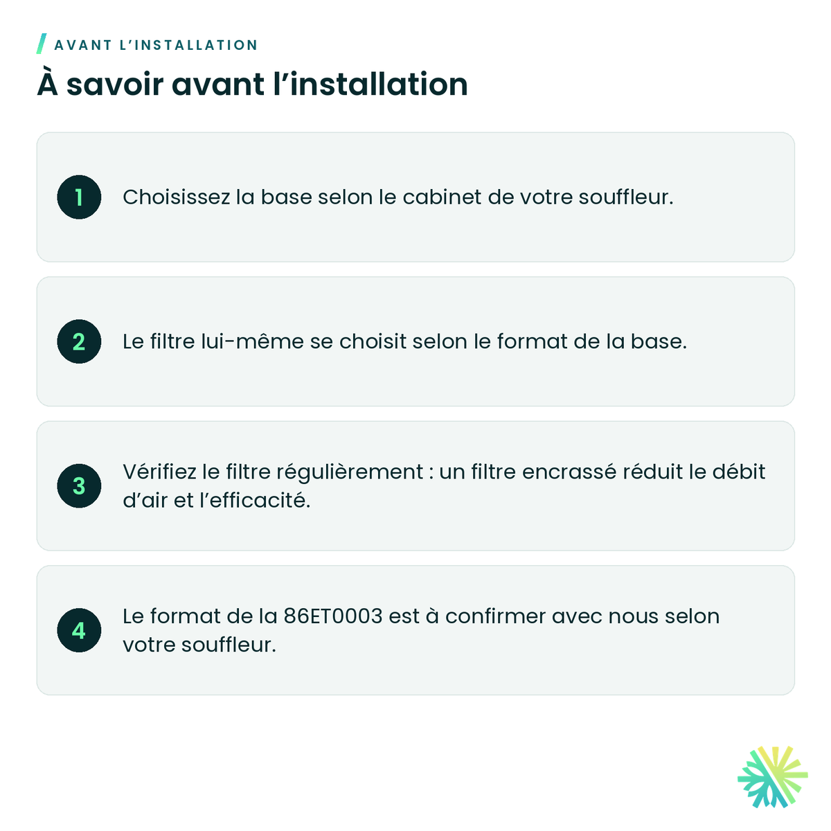 À savoir avant l’installation – Base de filtre Fujitsu pour souffleur AMUH
