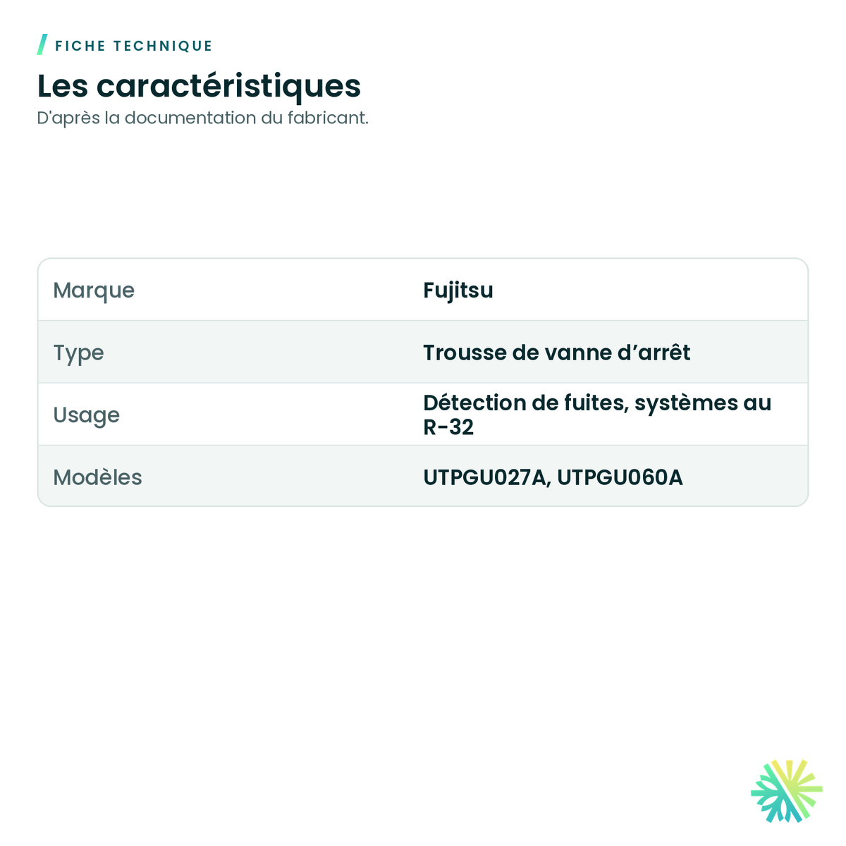 Fiche technique – Trousse de vanne d'arrêt Fujitsu pour détection de fuites R-32