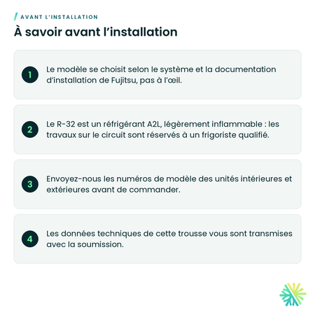 À savoir avant l’installation – Trousse de vanne d'arrêt Fujitsu pour détection de fuites R-32