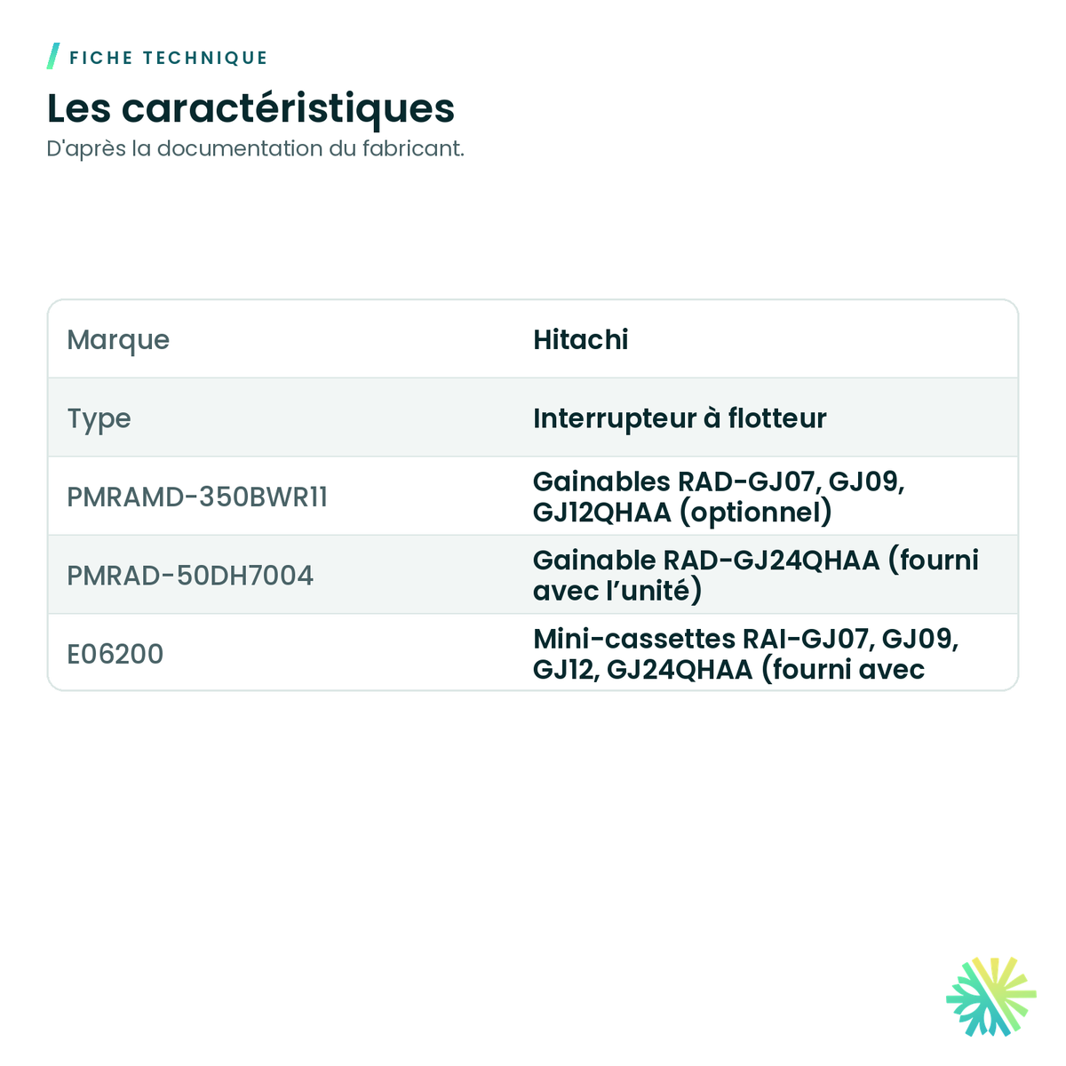 Fiche technique – Interrupteur à flotteur Hitachi pour gainable et mini-cassette airHome