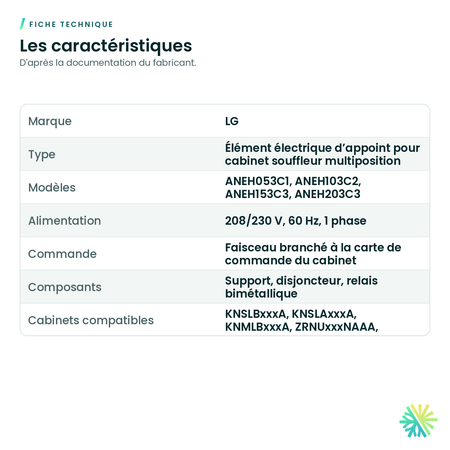 Fiche technique – Élément électrique LG pour cabinet souffleur