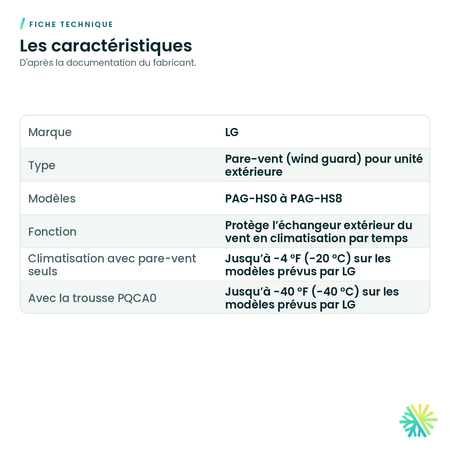 Fiche technique – Pare-vent LG pour unité extérieure