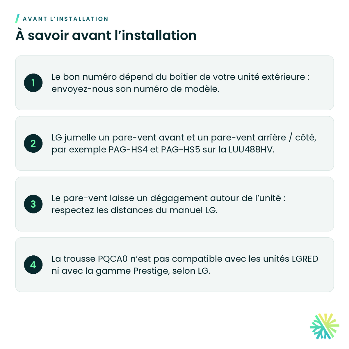 À savoir avant l’installation – Pare-vent LG pour unité extérieure