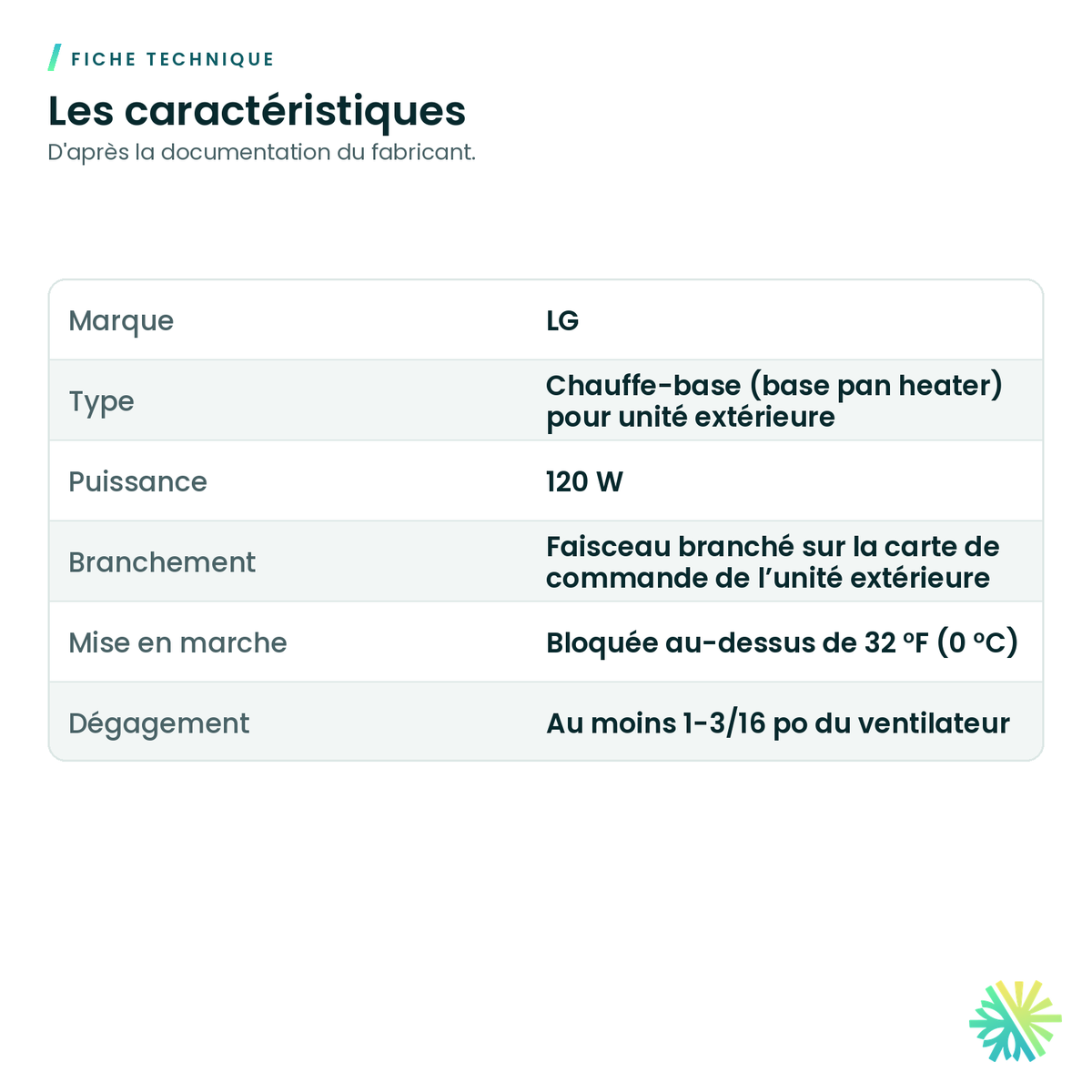 Fiche technique – Base de chauffage LG pour unité extérieure
