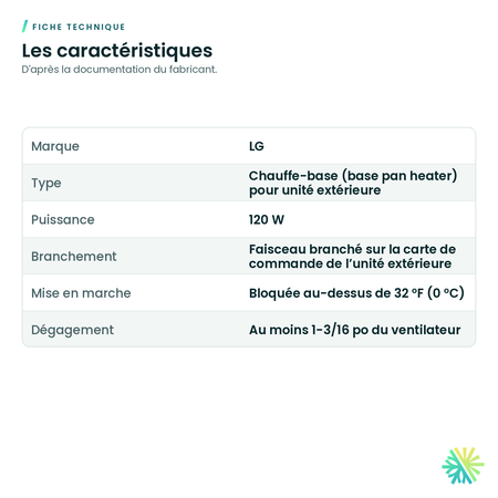 Fiche technique – Base de chauffage LG pour unité extérieure