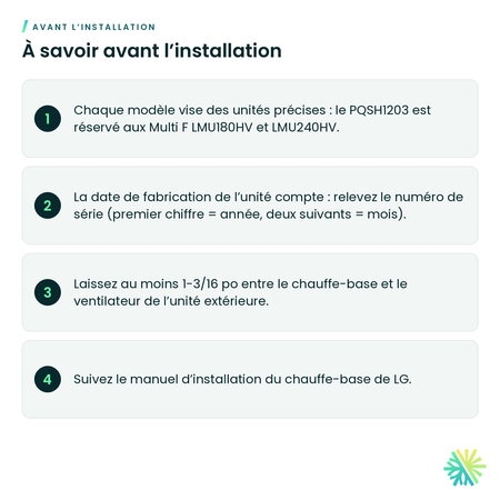 À savoir avant l’installation – Base de chauffage LG pour unité extérieure
