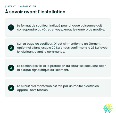 À savoir avant l’installation – Élément chauffant Direct Air pour Magic Pro, avec disjoncteur