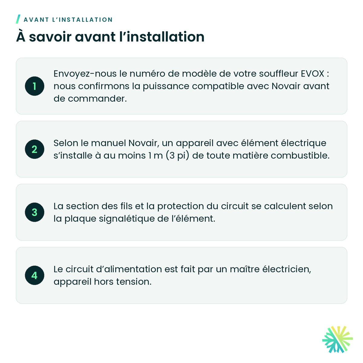À savoir avant l’installation – Élément chauffant pour centrale Novair EVOX
