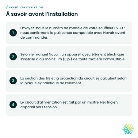 À savoir avant l’installation – Élément chauffant pour centrale Novair EVOX
