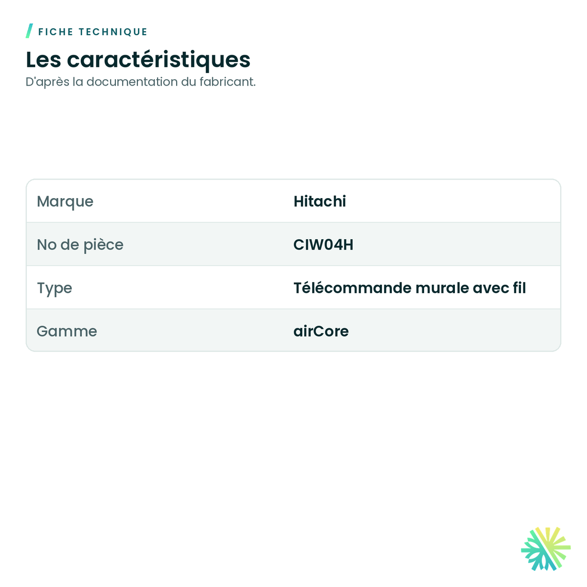 Fiche technique – Télécommande avec fil Hitachi CIW04H pour airCore