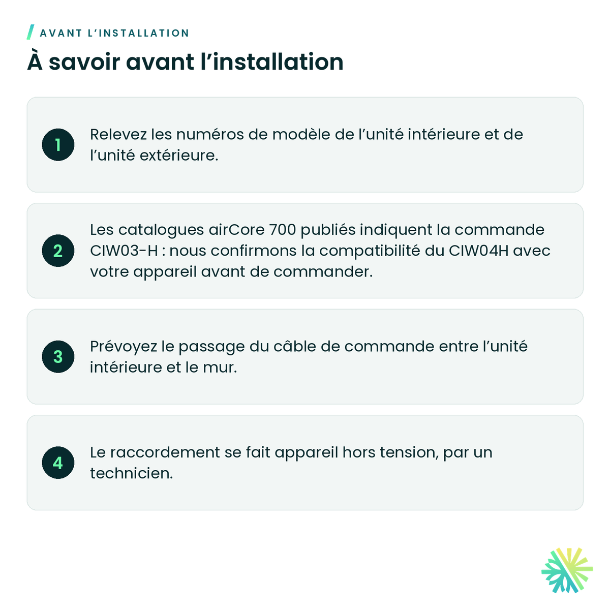 À savoir avant l’installation – Télécommande avec fil Hitachi CIW04H pour airCore