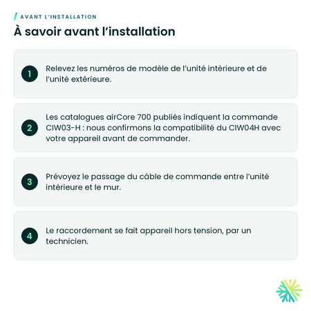 À savoir avant l’installation – Télécommande avec fil Hitachi CIW04H pour airCore