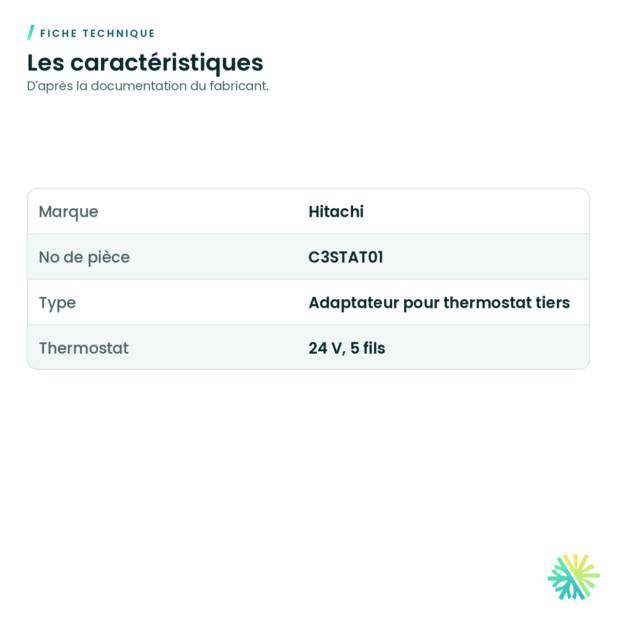 Fiche technique – Adaptateur 5 fils pour thermostat 24 V Hitachi – C3STAT01