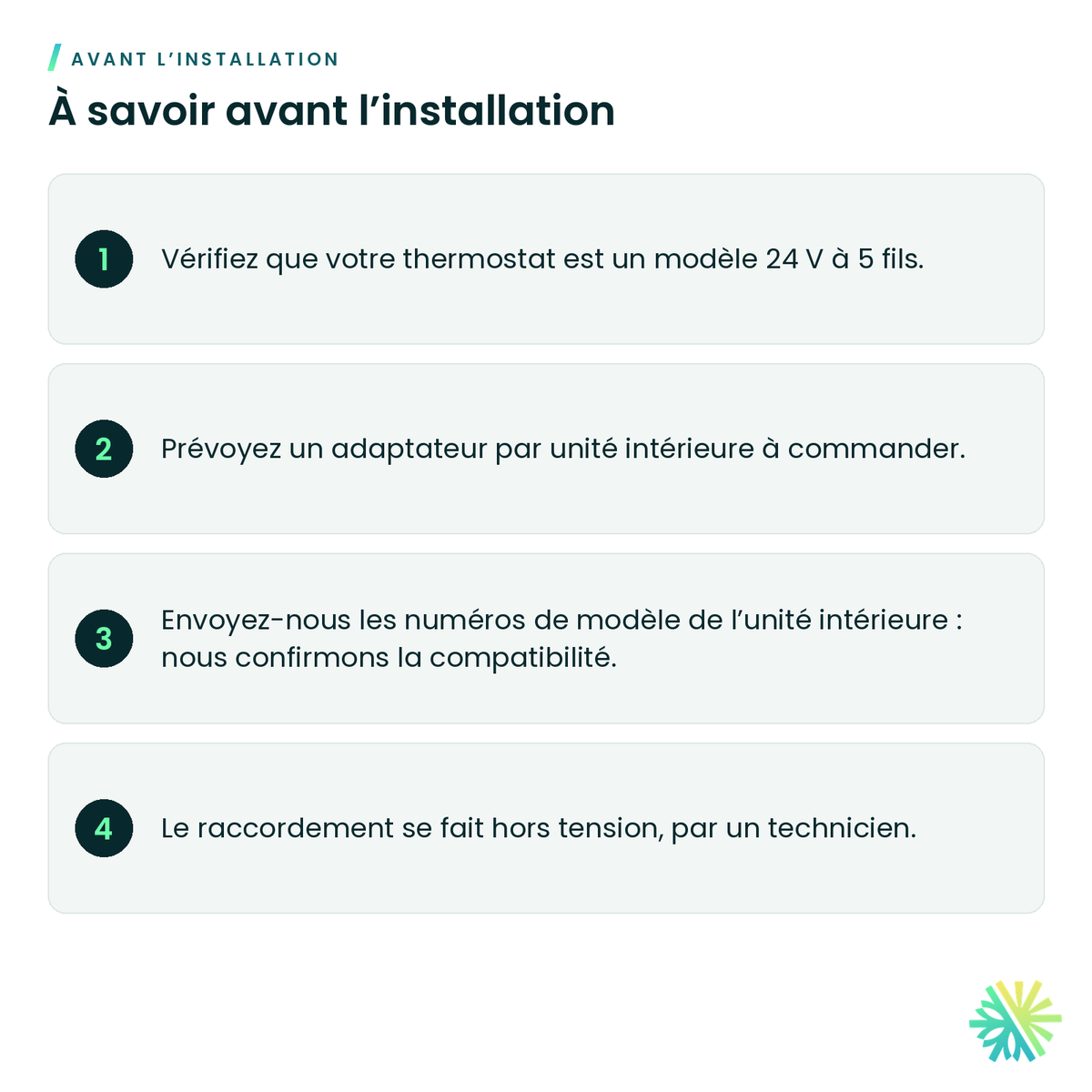 À savoir avant l’installation – Adaptateur 5 fils pour thermostat 24 V Hitachi – C3STAT01