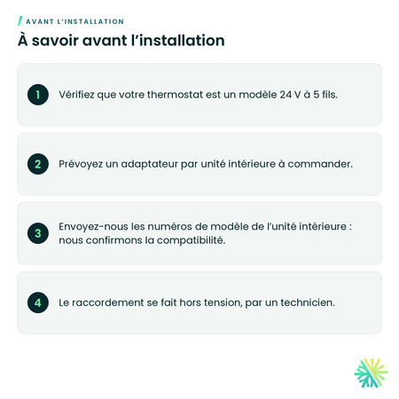 À savoir avant l’installation – Adaptateur 5 fils pour thermostat 24 V Hitachi – C3STAT01