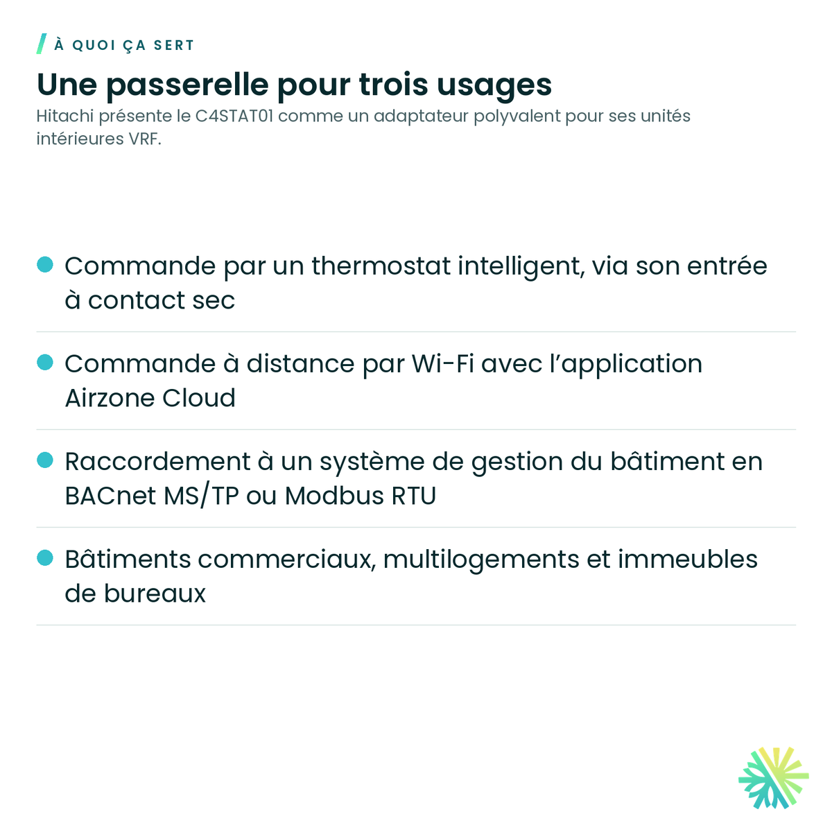 À quoi ça sert – Adaptateur thermostat 5 fils, Wi-Fi et BACnet/Modbus Hitachi – C4STAT01
