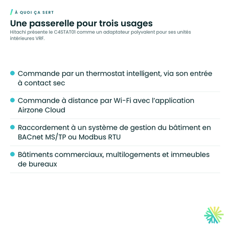 À quoi ça sert – Adaptateur thermostat 5 fils, Wi-Fi et BACnet/Modbus Hitachi – C4STAT01