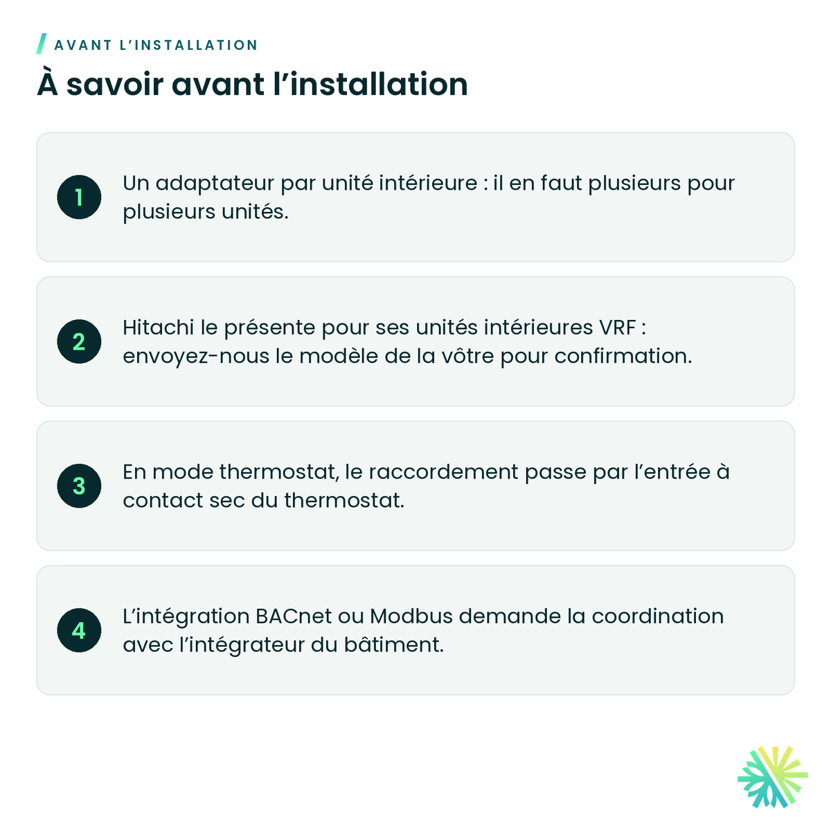 À savoir avant l’installation – Adaptateur thermostat 5 fils, Wi-Fi et BACnet/Modbus Hitachi – C4STAT01
