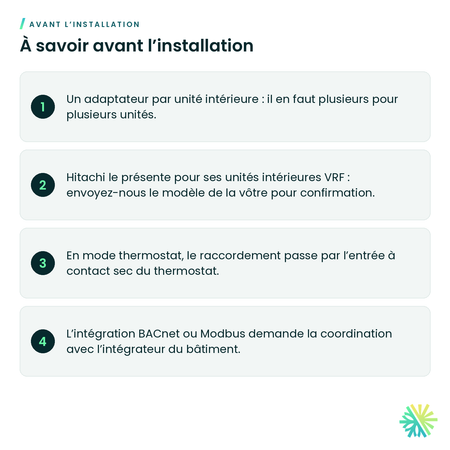 À savoir avant l’installation – Adaptateur thermostat 5 fils, Wi-Fi et BACnet/Modbus Hitachi – C4STAT01