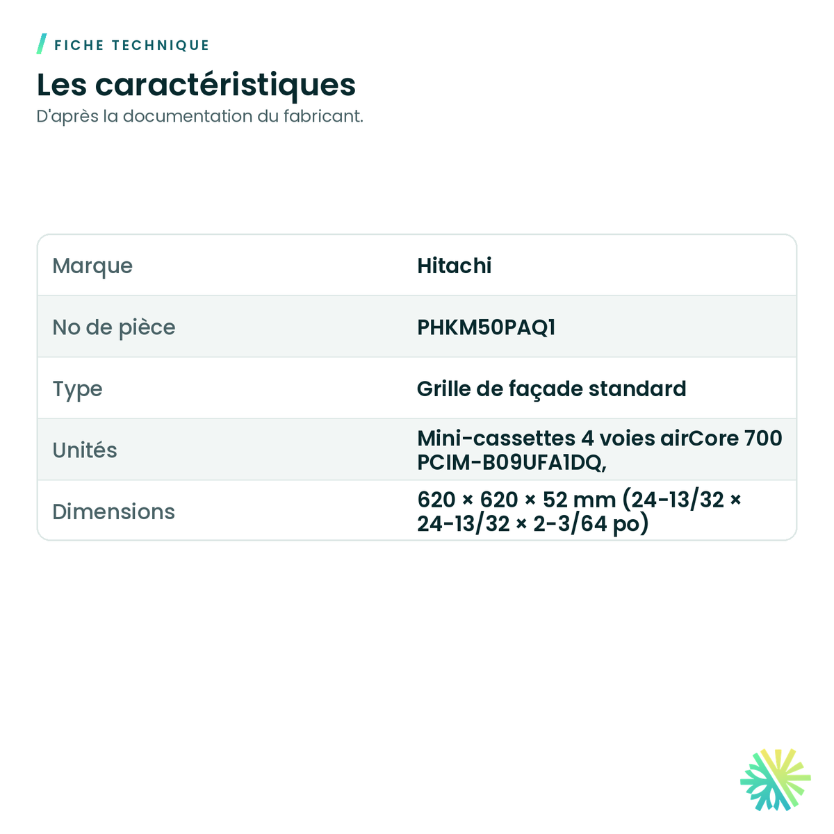 Fiche technique – Grille de façade Hitachi PHKM50PAQ1 pour mini-cassette airCore 700