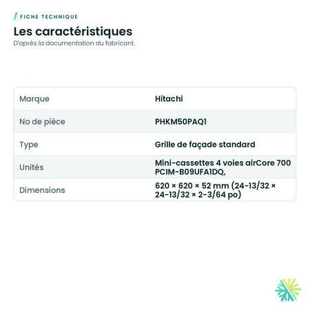Fiche technique – Grille de façade Hitachi PHKM50PAQ1 pour mini-cassette airCore 700
