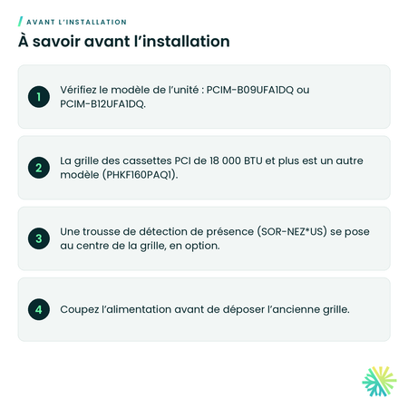 À savoir avant l’installation – Grille de façade Hitachi PHKM50PAQ1 pour mini-cassette airCore 700