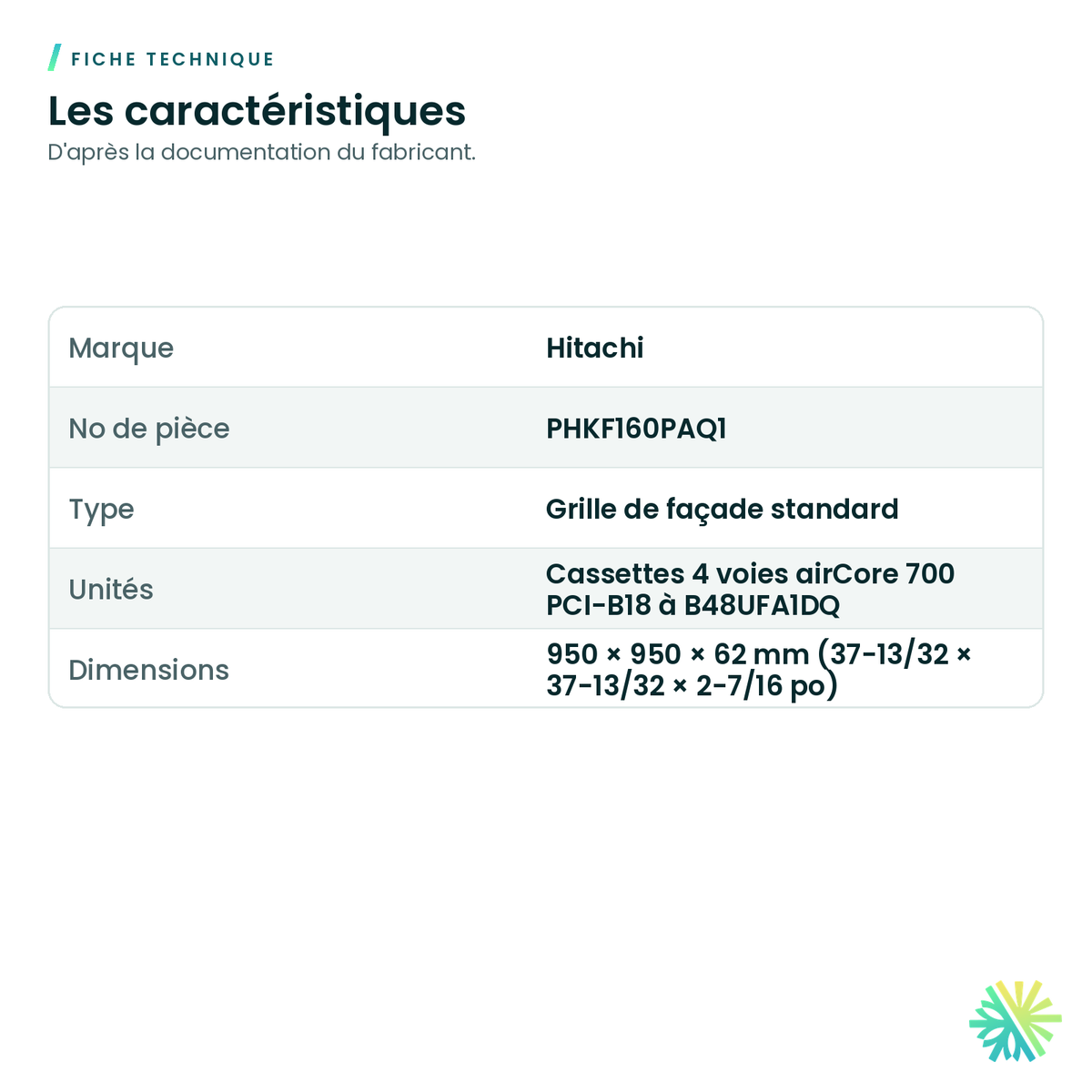 Fiche technique – Grille de façade Hitachi PHKF160PAQ1 pour cassette airCore 700