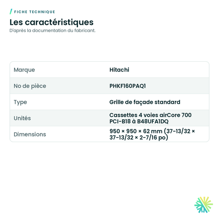 Fiche technique – Grille de façade Hitachi PHKF160PAQ1 pour cassette airCore 700