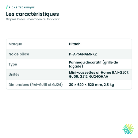 Fiche technique – Grille de façade Hitachi P-AP56NAMRK2 pour mini-cassette airHome RAI-GJ