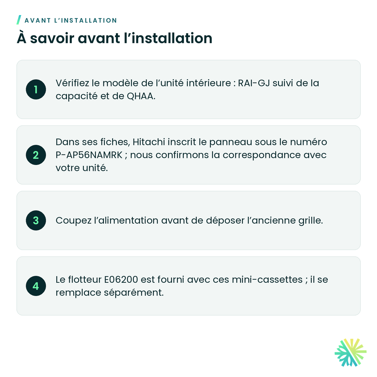À savoir avant l’installation – Grille de façade Hitachi P-AP56NAMRK2 pour mini-cassette airHome RAI-GJ