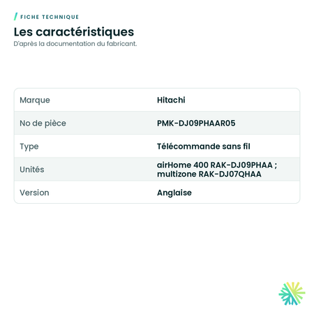Fiche technique – Télécommande sans fil Hitachi PMK-DJ09PHAAR05 pour airHome 400