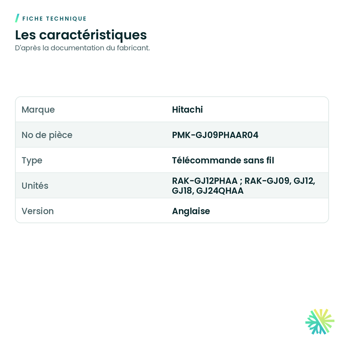 Fiche technique – Télécommande sans fil Hitachi PMK-GJ09PHAAR04 pour airHome 600/650
